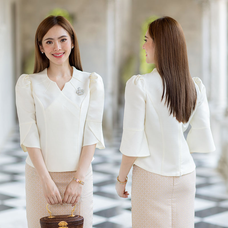 kudapy เสื้อออกงานสีขาว/สีม่วง/สีน้ำตาลอ่อน/สีดำ งานผ้าไหมฝรั่งเศสสีพื้น อัดกาวให้ทั้งตัว ทรงสวยตามแบบ การตัดเย็บเนียบ ทรงสวย ใส่สวยทุกรูปร่าง