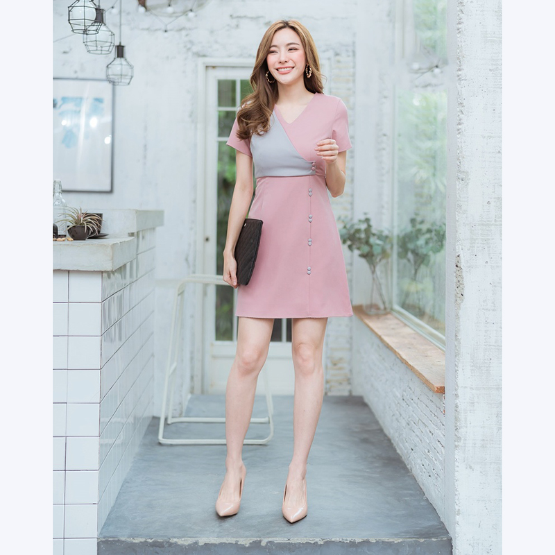 kudapy เดรสสั้นสีชมพู,เขียว,กรม ใส่ทำงานแต่งกระดุมคู่ทูโทนสวยน่ารัก