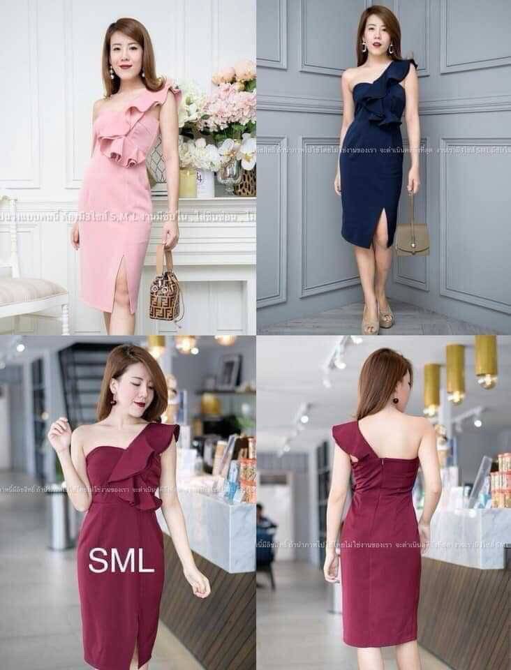 kudapy เดรสสั้นเกาะอกไหล่เฉียงระบายไหล่ 1 ข้าง ผ้าฮานาโกะ กปสั้น สีชมพูเผือก,กรมท่า,โอวัลติน,เขียวแก่,ฟ้าเข้ม,แดงเลือดหมู