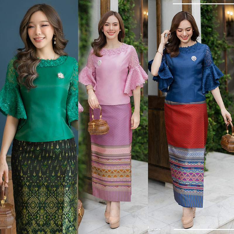 kudapy เสื้อลูกไม้สีชมพู/สีเขียวสี/กรม คอกลอมตอกเลียมตรงคอ แขนทรงบอลลูนผ่าแต่งด้วยลูกไม้เนื้อดี ช่วงตัวอัดกาวมาพร้อมซับในและชิปซ่อนหลัง(เฉพาะเสื้อ)
