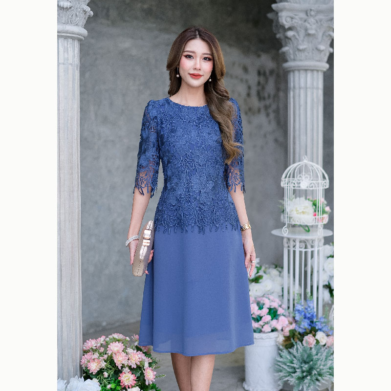 kudapy เดรสสั้นสสีคราม/สีชมพู/สีขาว ลูกไม้เงาคัดเกรดผ้าสวยลายแน่นคะ ดีไซน์สวยดูแพง