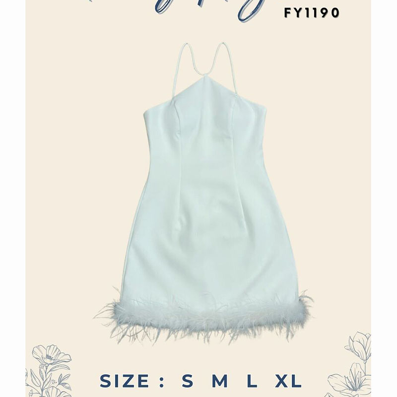 kudapy มินิชุดเดรสสั้นสีชมพู/สีขาว ออกงานเว้าไหล่ แต่งปลายขนนก ผูกเชือกข้างหลัง