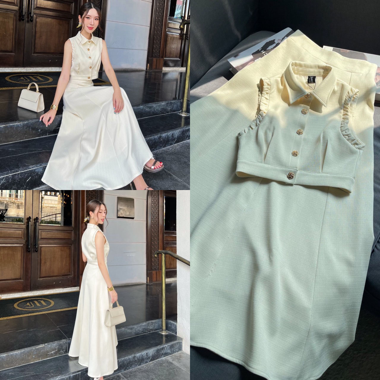 kudapy ชุดเซ็ทเสื้อ+กระโปรงยาว ตัวเสื้อออกแบบให้ดูเกร๋ที่แขนเสื้อ กระดุมดอกไม้ทองเป็นกระดุมจริง ปกเสื้อทรงแหลม