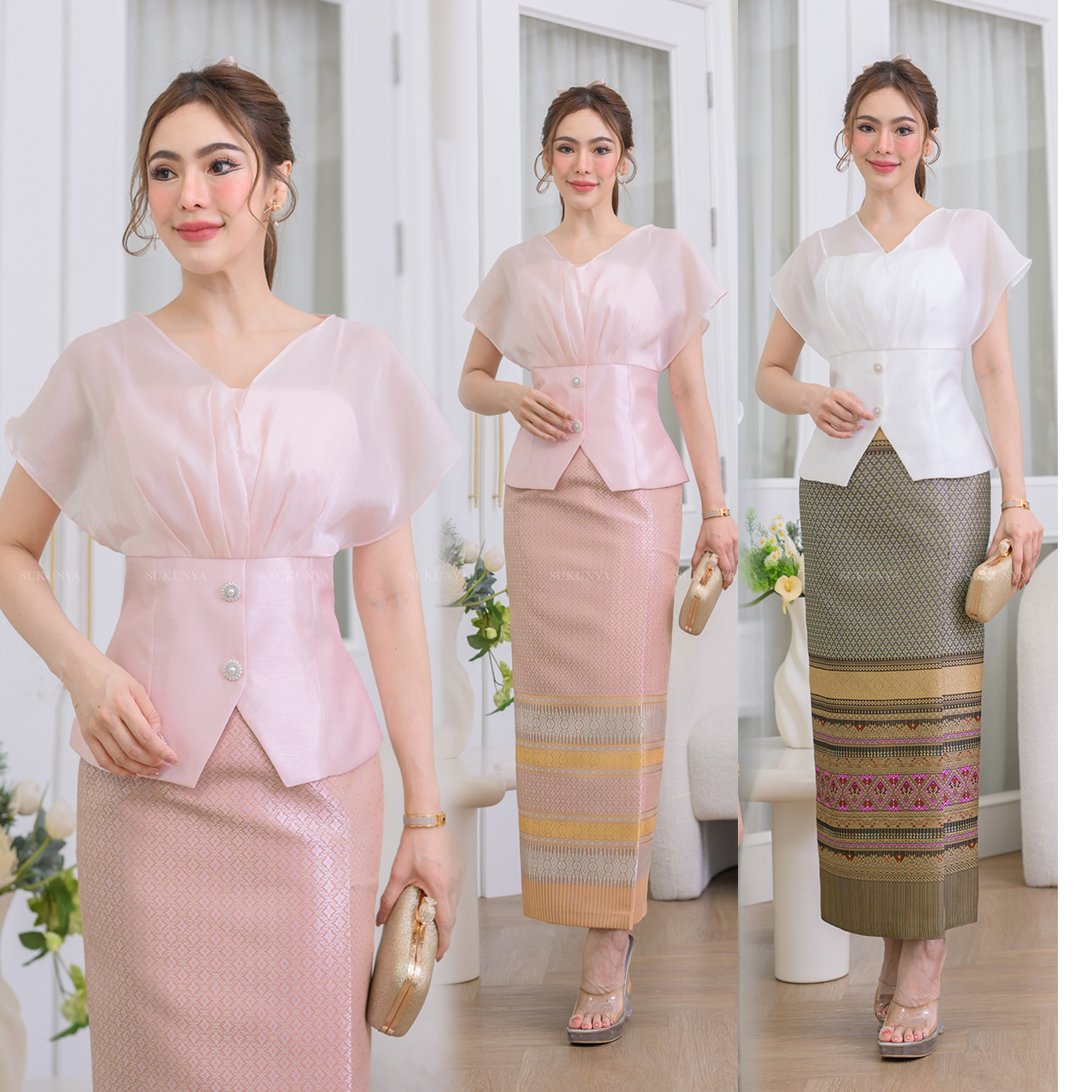 kudapy เสื้อผ้าไหมจิตลดาสี่เส้น แต่งผ้าไหมแก้วเนื้อผสมไม่แข็ง แต่งกระดุมหลอก (เฉพาะเสื้อ)