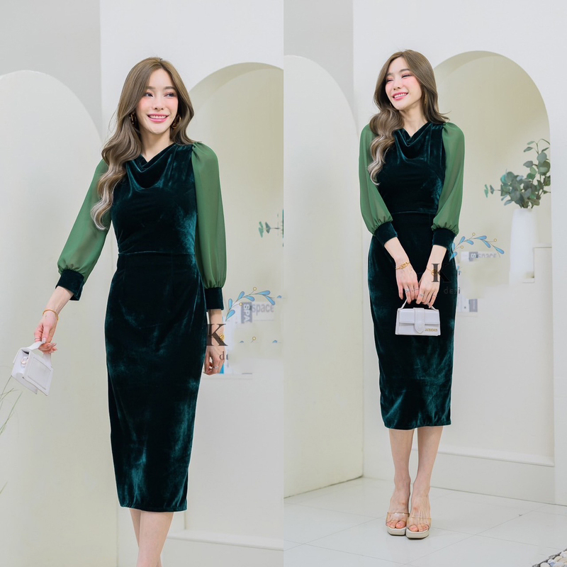 kudapy เดรสสี/สีกรม/สีแดง/สีเขียว กำมะหยี่ แขนยาวแต่งแขนชีฟอง คอถ่วงผ่าหลังเรียบหรู ไฮโซและให้ลุคกึ่งทางการ