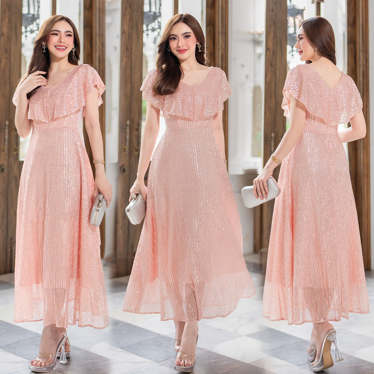 kudapy ชุดราตรีออกงานผ้าปักเลื่อมสีพิ้งโกล์ด / ทอง คอวี เนื้อผ้าปักเลื่อมกลิตเตอร์เงาสวย ช่วงคอแต่งระบาย มีซับในผ้าคอตตอลในตัวพร้อมซิป