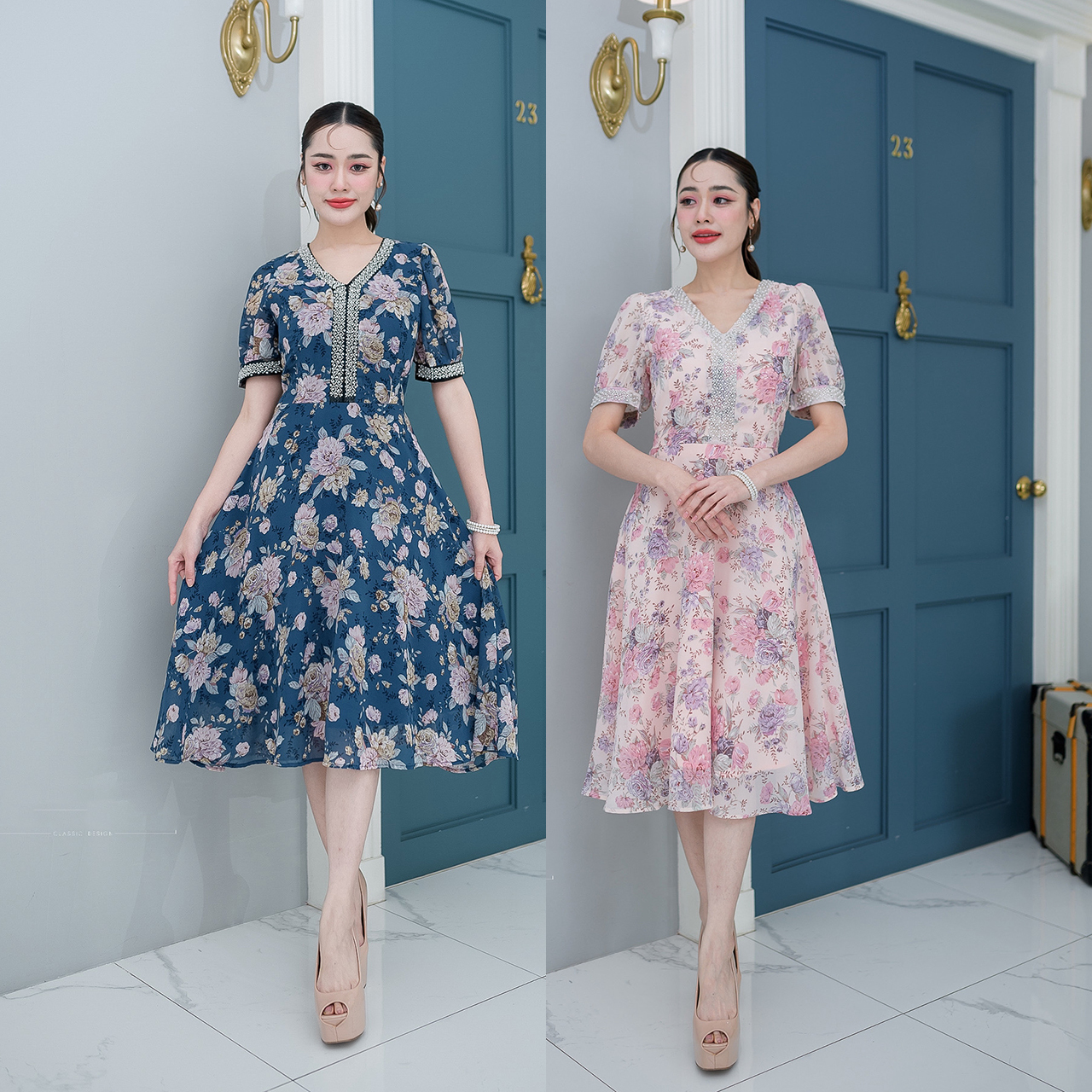 kudapy เดรสสั้นสีชมพู/สีกรม ผ้าชีฟองลายดอกไม้ กระโปรงบาน แขนตุ๊กตาจั้มปลายแขนด้วยอะไหล่มุก ช่วงคอวีแต่งอะไหล่มุกยาวมาจนถึงเอวต่อ