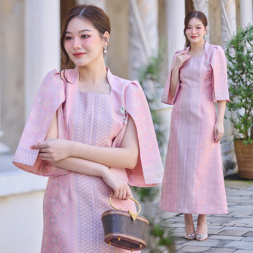 kudapy ชุดออกงานผ้าไหม ชุดเดรส นางพญาลายแพรวา ชุดออกงาน ทำงาน ปาตี้ งานเลี้ยง สีชมพู