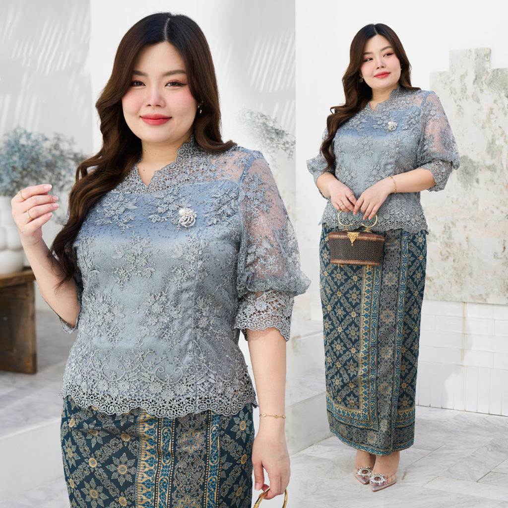 kudapy เซ็ท เสื้อลูกไม้ใยบวบสีม่วง+ผ้าถุงผ้าฝ้ายทอลายบุพเพสันนิวาสสำเร็จรูปอัดกาวอย่างดี