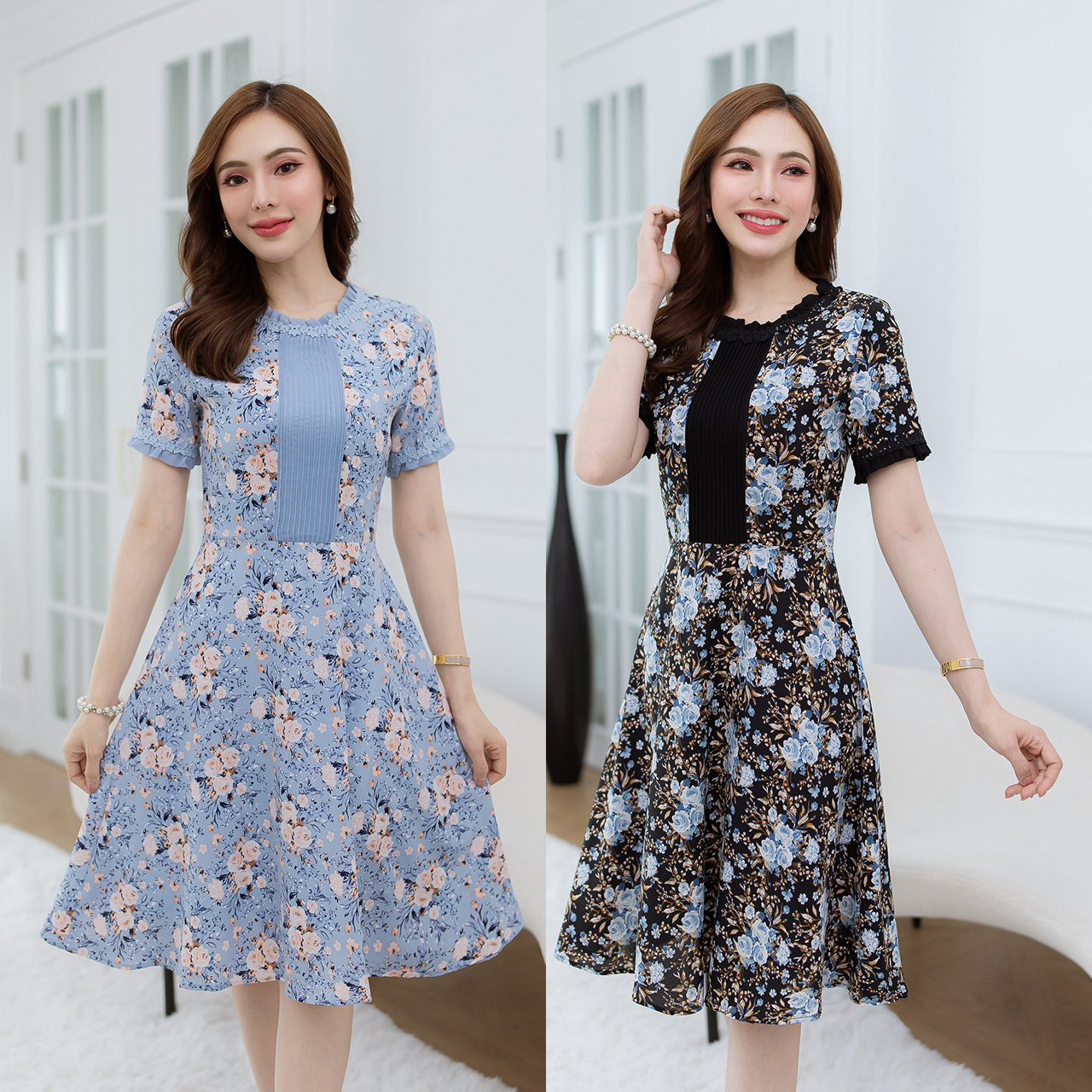 kudapy เดรสสั้นสีฟ้า/สีดำ ลายดอก มีดีเทลตีเกล็ดช่วงอก แต่งชีฟองจับจีบ อละซ้อนด้วยลูกไม้รอบคอและแขน ลายดอกสวย