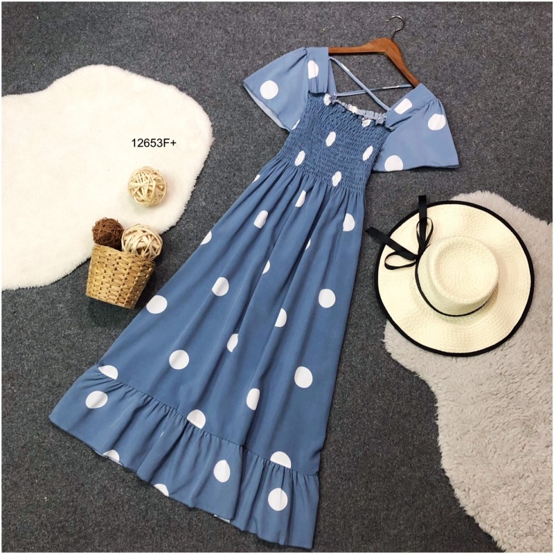 kudapy เดรสยาวสีกรมท่า ดำ ฟ้า เขียว เหลือง แดง คอเหลี่ยมแขนระบาย ผ้าไหมอิตาลี่ลายจุดใหญ่ อกแต่งสม็อค ชายเดรสแต่งระบาย