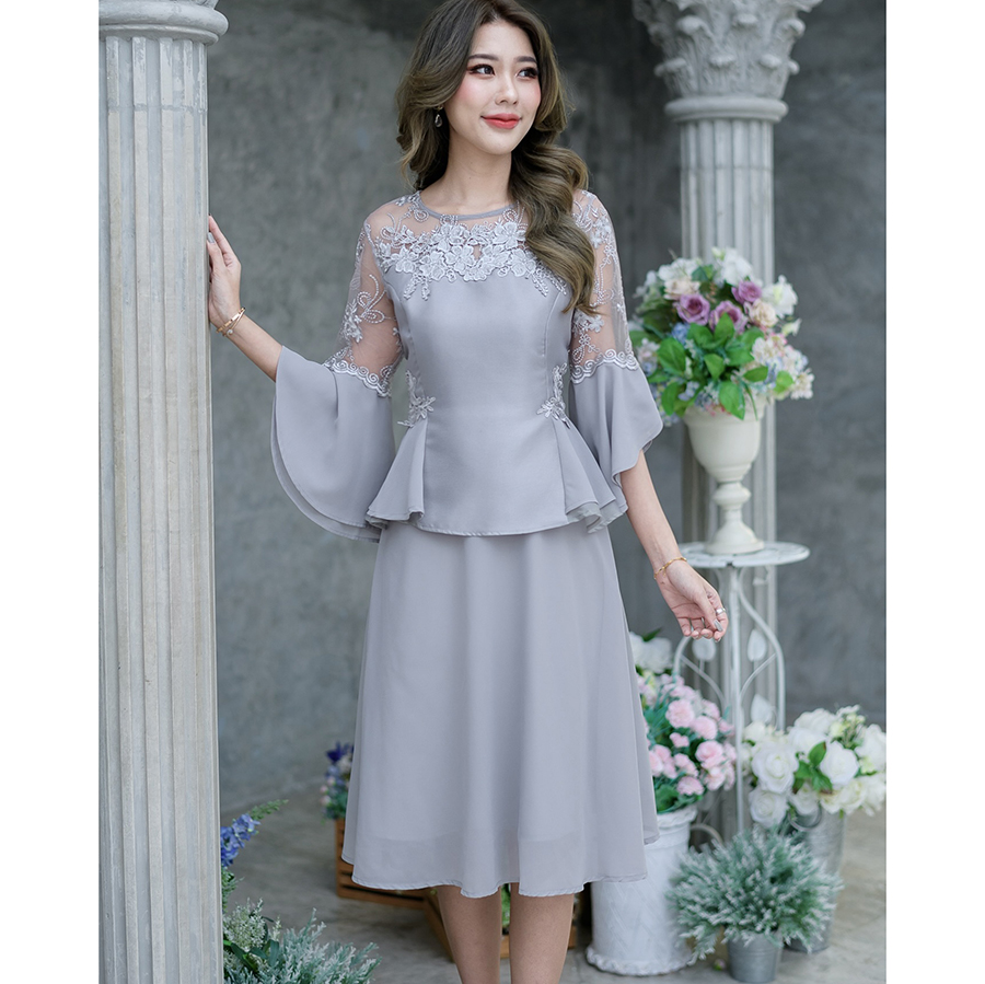 kudapy เดรสสั้นผ้าไหมแต่งลูกไม้สีชมพู/สีเทา เดรสผ้าไหม+ชิฟฟ่อน งานผสมผสาน 3 เนื้อผ้า ดีเทลมากมายตกแต่งสวยหวาน หรูหรา แขนแต่งระบายฟรุ่งฟริ้งพริ้วๆ