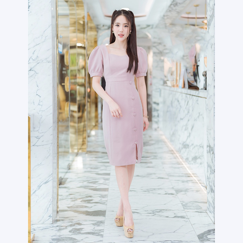 kudapy เดรสสั้นสีกรม,ชมพู ใส่ทำงานแต่งกระดุมสวยดูดี