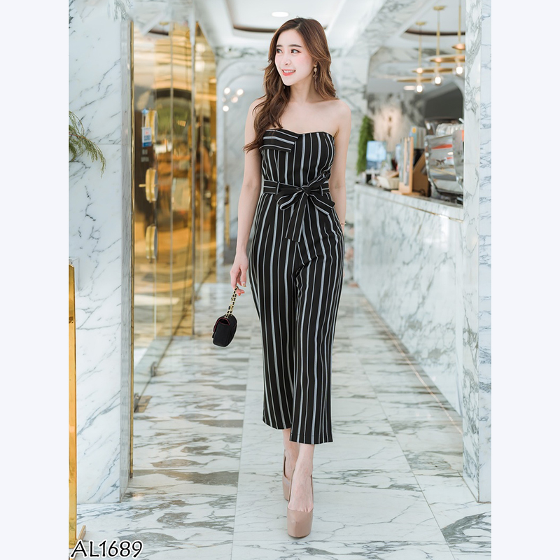 kudapy จั๊มสูทขายาวสีดำ,เขียว เกาะอกลายทางใส่สบายสวยดูดี