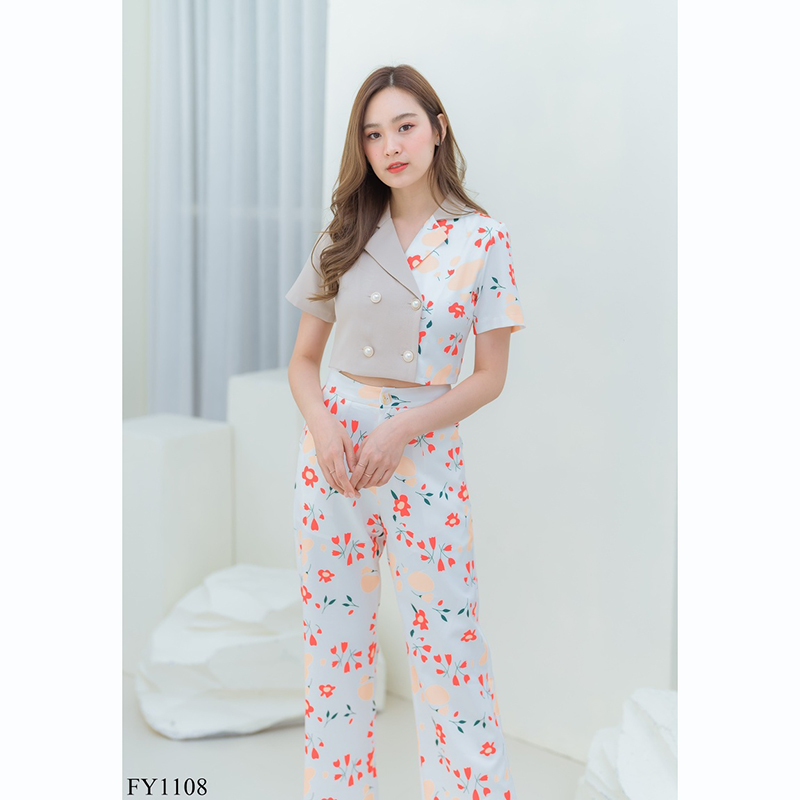 kudapy ชุดเซทเสื้อคอปกกระดูมหน้า+กางเกงขายาวลายดอกไม้สวยดูดีน่ารัก