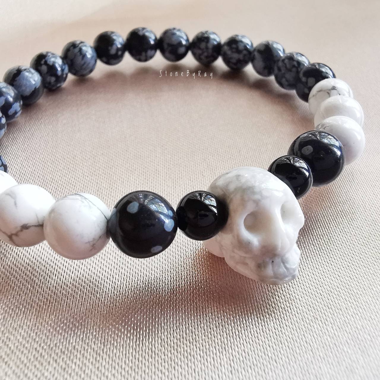 สร้อยข้อมือหินฮาวไลท์,สโนวเฟล็กออปซิเดียน,ออนิค Howlite+Snowflake Obsidian+Onyx