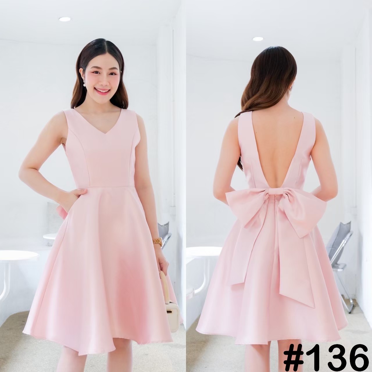 kudapy เดรสสั้น คอวี แต่งโบว์หลังยักษ์ ทรงกระโปรงฟรีสะโพก มาพร้อมกระเป๋าข้าง