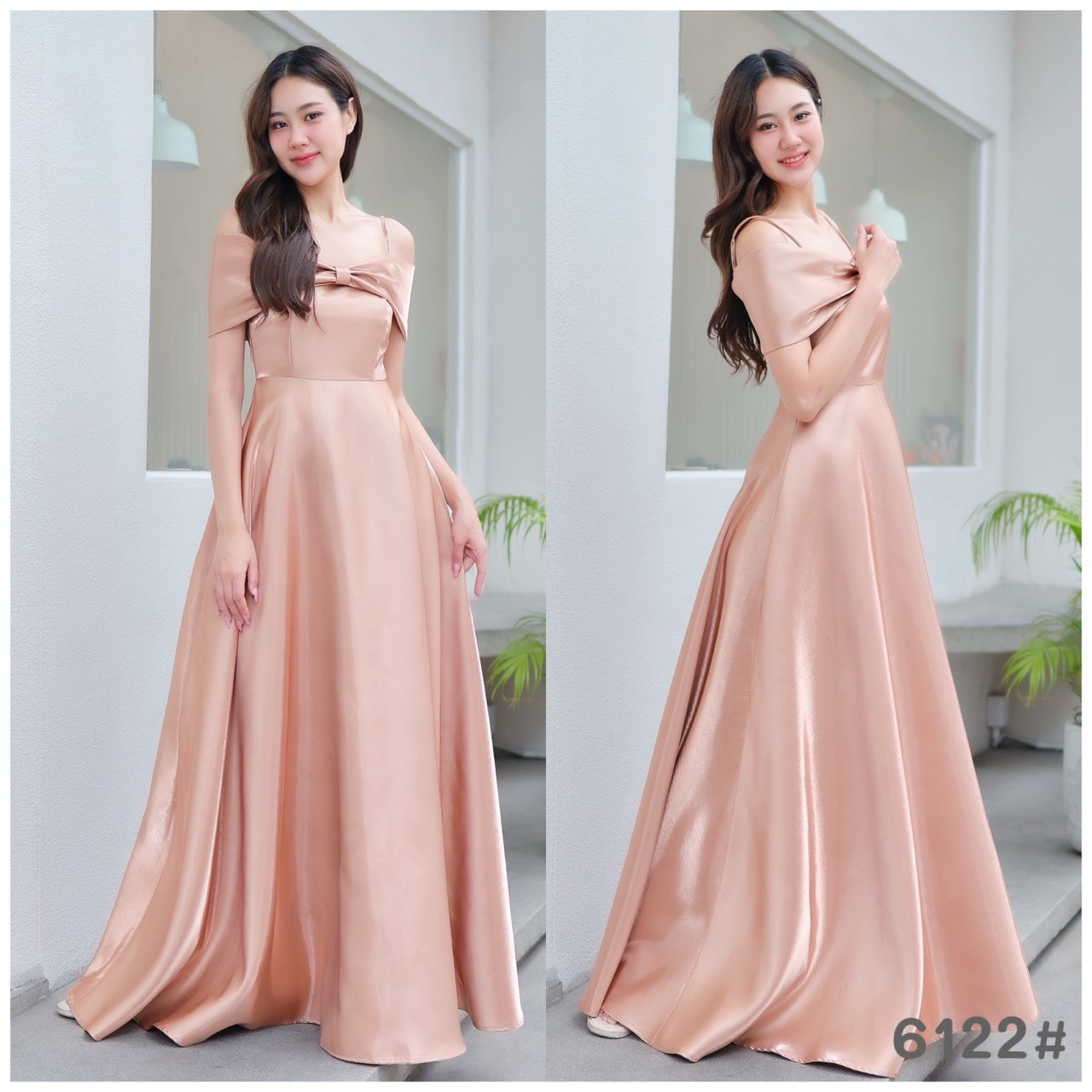 kudapy เดรสยาวเปิดบ่า กระโปรงบาน ทรงสวยเอวสูง ความยาวปิดข้อเท้า ผ้าไม่ยืด มีซับในทั้งตัว