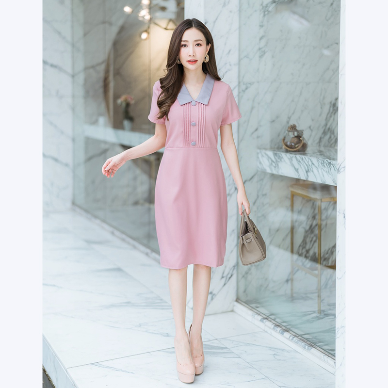 kudapy เดรสสั้นสีชมพู,ม่วง,สีเขียว คอปกจีบอกเนื้อผ้าดีใส่สบาย