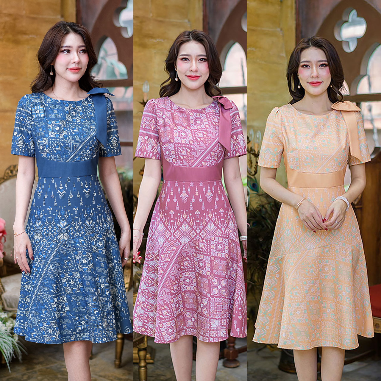 kudapy เดรสสั้นสีเหลือง/สีม่วงอมชมพู/สีฟ้าคราม ลายไทย แต่งโบว์ที่ไหล่ งานสวยสไตล์หวาน ดีเทลต่อผ้าเล่นสีช่วงเอว