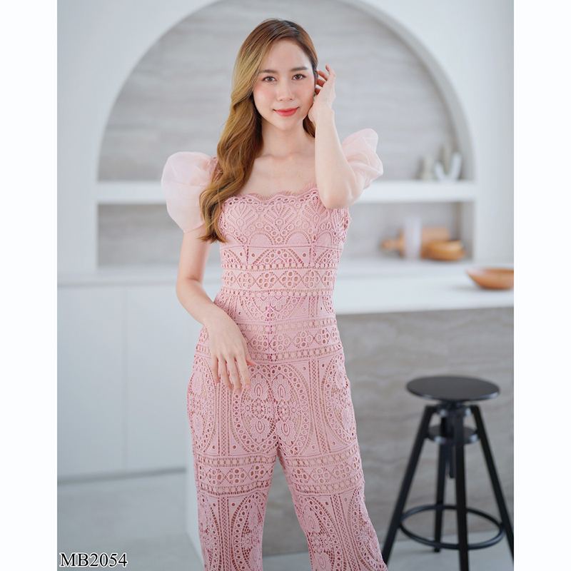 kudapy จั๊มสูทขายาวสีน้ำตาล/สีชมพู ลูกไม้แขนระบายผ้าสวยใส่สบายดูดีน่ารัก