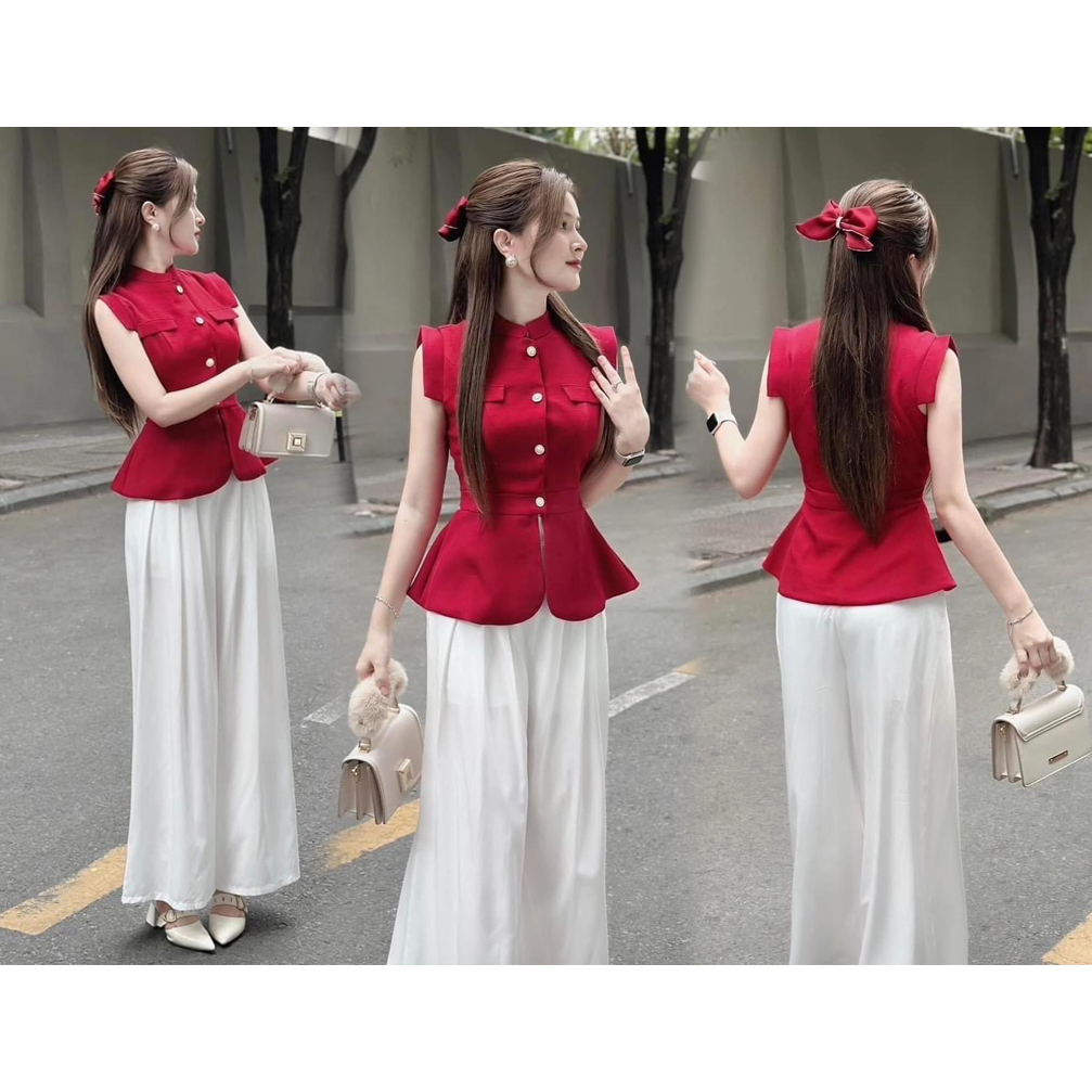kudapy เซท 2ชิ้น เสื้อสีแดงแขนกุด ผ้าทวิต+กางเกงสีขาวขายาวทรงบาน