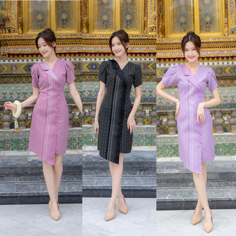 kudapy เดรสสั้นสีดำ/สีม่วง/สีชมพู ผ้าทอแต่งปกเทเลอร์แขนกลีบบัว