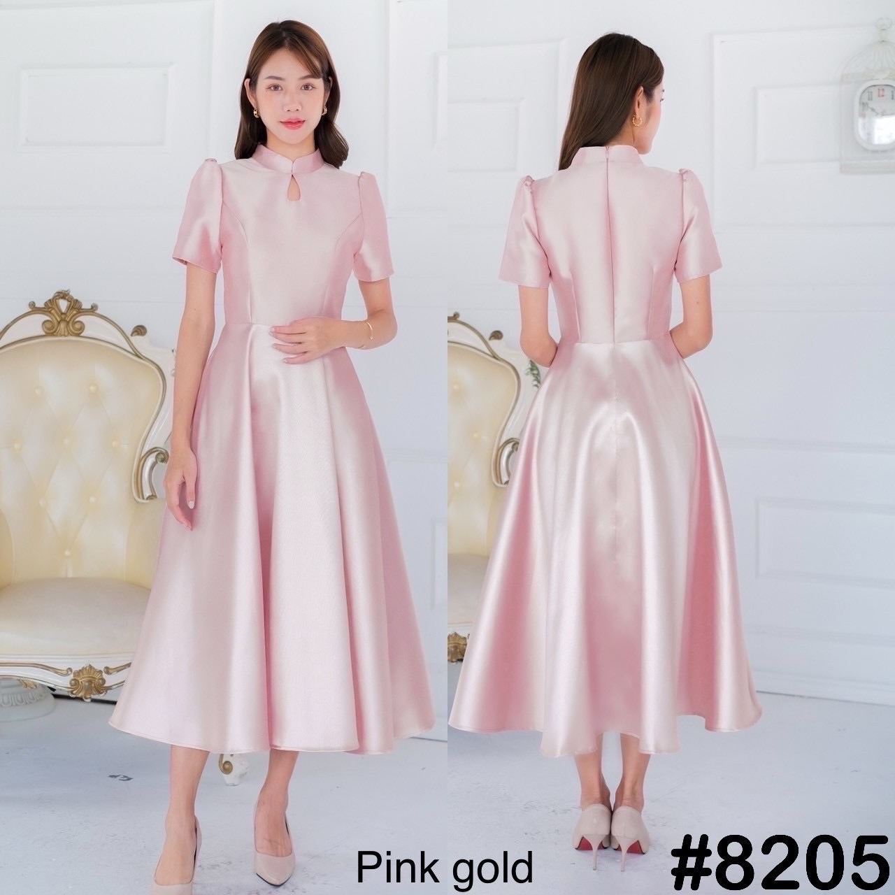 kudapy เดรสสั้นสีแดง/สีชมพู/สีทอง/สีขาว คอจีน รงแขนสั้นบ่าจีบ กระโปรงฟรีสะโพกพริ้วสวย พร้อมกระเป๋าข้าง