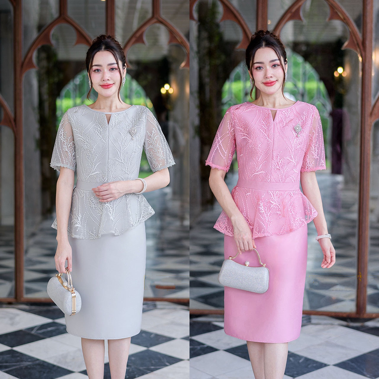 kudapy เดรสสั้นสีชมพู/สีเทา ผ้าไหมแต่งลูกไม้ดีไซน์แขนสั้น เอวต่อ ช่วคอฉลุตัดต่อผ้า ช่วงเอวต่อระบายคลุมหน้าทองแบบเฉียง