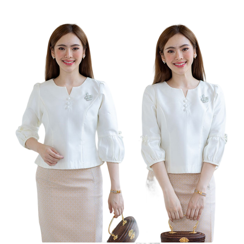 kudapy เสื้อสีขาว/สีชมพู/สีแดงเลือดหมู/สีน้ำตาล เนื้อผ้าทอ เนื้อเบาสบาย ใส่สบายผิว มีลายเส้นในตัว ใส่คู่กับ ผ้าไทยลายแพรวา หรือ ผ้าลายกวินตาทอสอดดิ้นหรูหรา