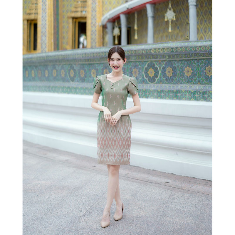 kudapy เดรสสั้นสีฟ้า/สีครีม/สีชมพู ผ้าทอแขนกลีบบัว ผ้าลายไทย ใส่ออกงานสวยดูดี