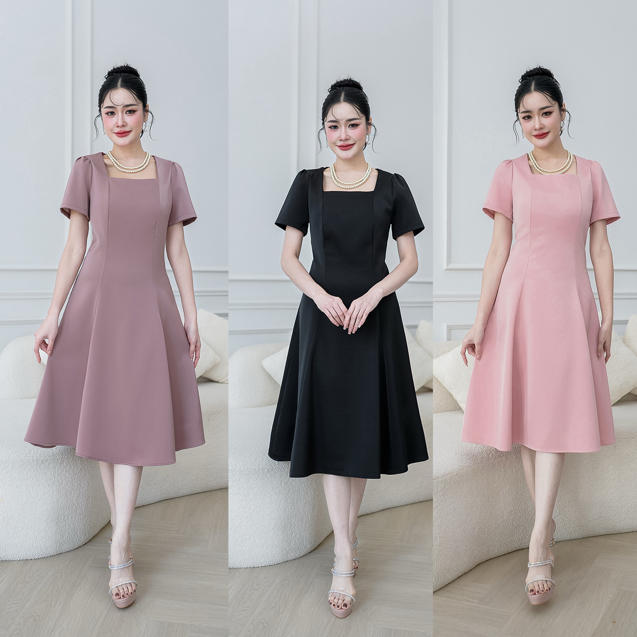 kudapy เดรสผ้าพื้นเรียบ ทรงสวยสุภาพ งานผ้านิ่มใส่สบาย ดีไซน์ทรงสวยแบบเรียบๆดูผู้ดี