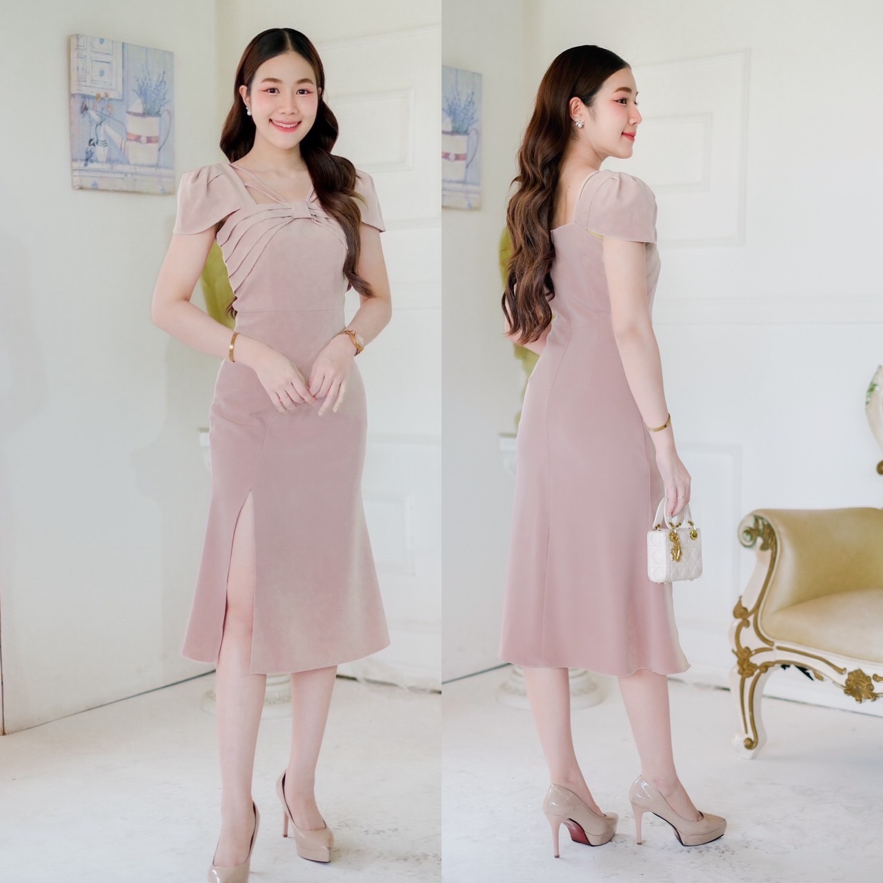 kudapy เดรสสั้นสีชมพูอ่อน/ชมพูเข้ม/ครีมนู๊ด/ ฟ้าเบบี้บลู แขนตุ๊กตา ทรงสุภาพ แต่งโบว์อก ใส่แล้วผอม กระโปรงหางปลา ผ่าหน้า