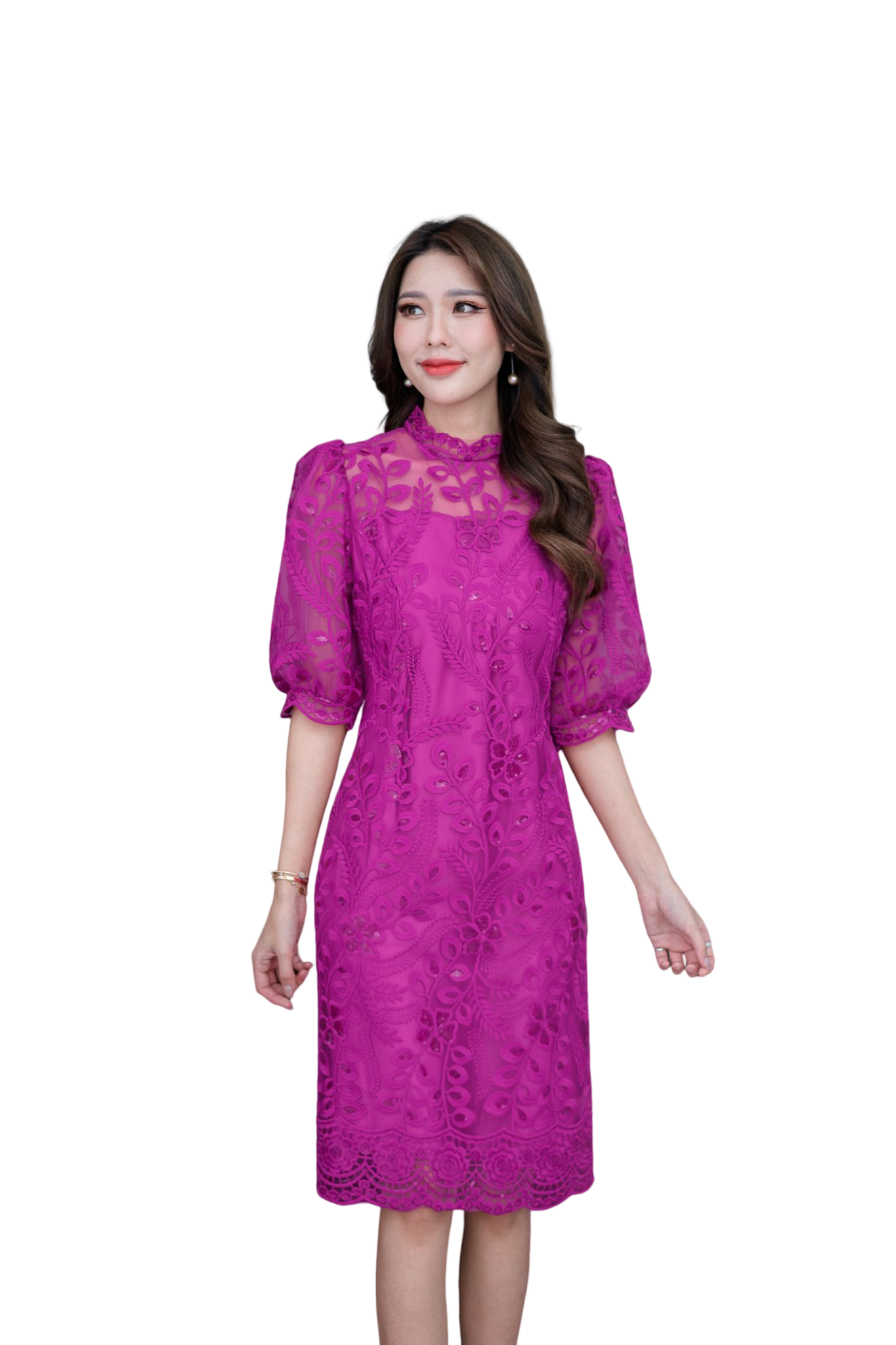 kudapy เดรสสั้นลูกไม้สีฟ้าคราม/สีชมพูอ่อน/สีชมพูบานเย็น เดรสคอจีน แต่งแขนพองบอลลูนสีส่วน