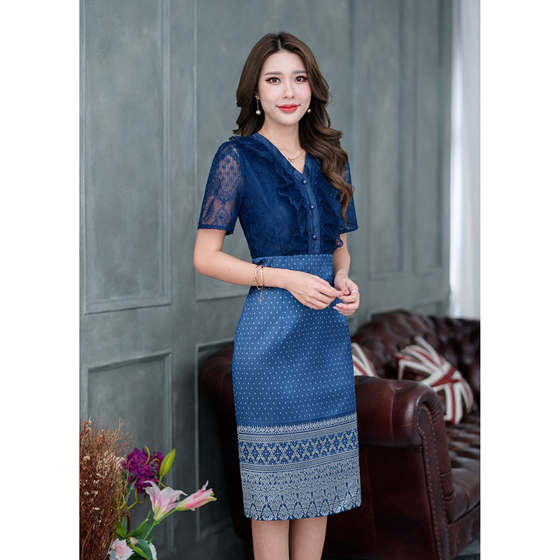 kudapy เดรสสั้นสีชมพูโอรส/สีกรม ลูกไม้ผสมผสานผ้าลายไทย ช่วงกระโปรงเป็นงานผ้าทอนะคะไม่ใช่ผ้าพิมพ์ลายเนื้อผ้าจะมีความมันเงาสวยงามงานจริง