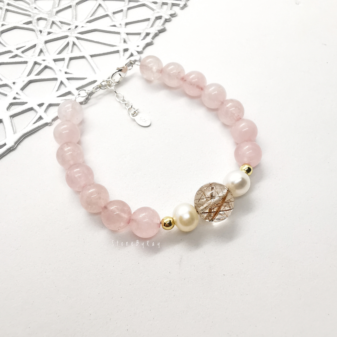 สร้อยข้อมือเงินหินโรสควอตซ์+ไข่มุกแท้+หินไหมเศรษฐี