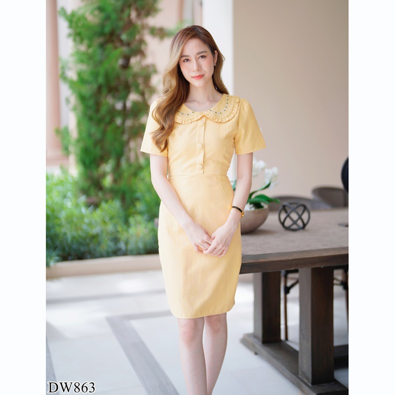 kudapy เดรสสั้นคอปกสีฟ้า/สีชมพู/สีเหลือง ใส่ทำงานผ้าลูกฟูกมีกระดุมกลางอกสวยดูดีคุณหนู