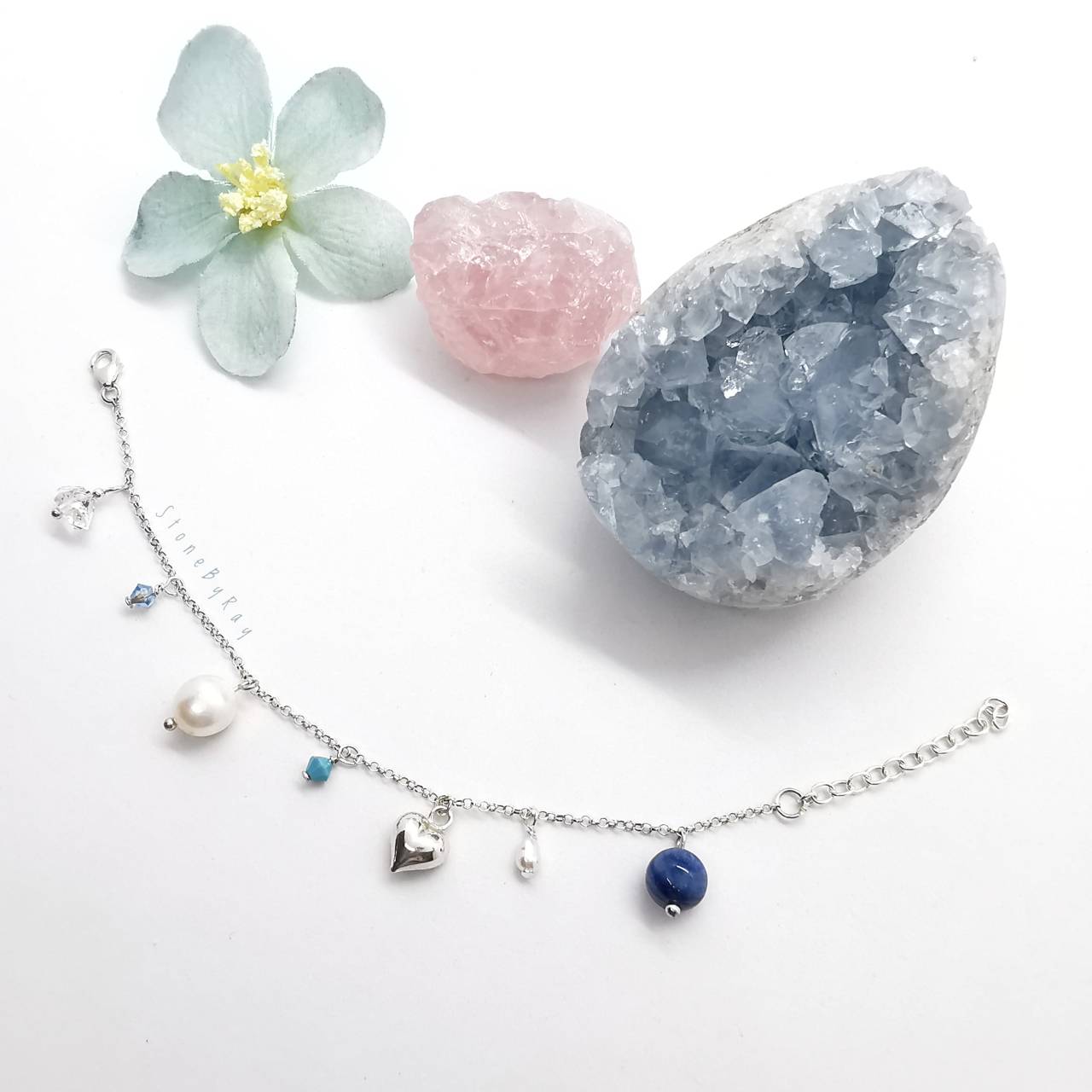 สร้อยข้อมือเงินหินไคยาไนท์+ไข่มุก+คริสตัลเฮอร์คิเมอร์ Kyanite+Pearl+Herkimer Diamond