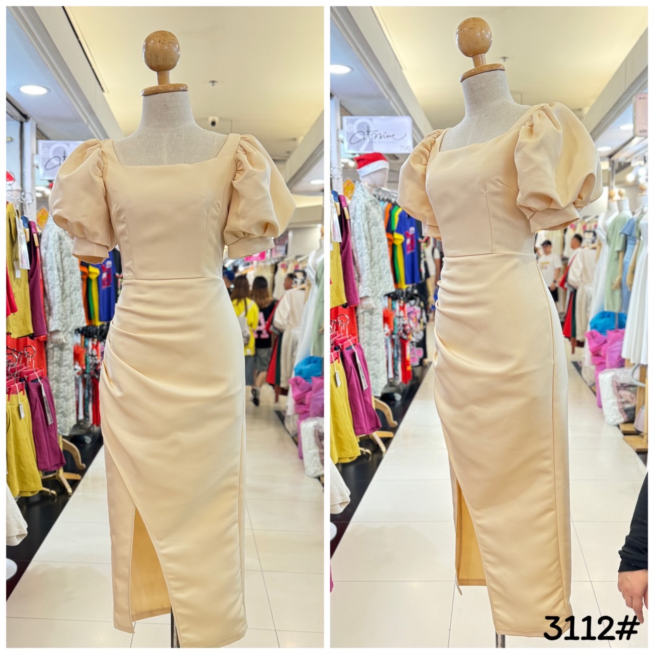 kudapy เดรสขอเหลี่ยม แขนพอง ตุ๊กตา จับจีบเอว-สะโพก กระโปรงทรงสอบ เก็บทรง ดีเทลกระโปรงป้ายผ่าข้าง