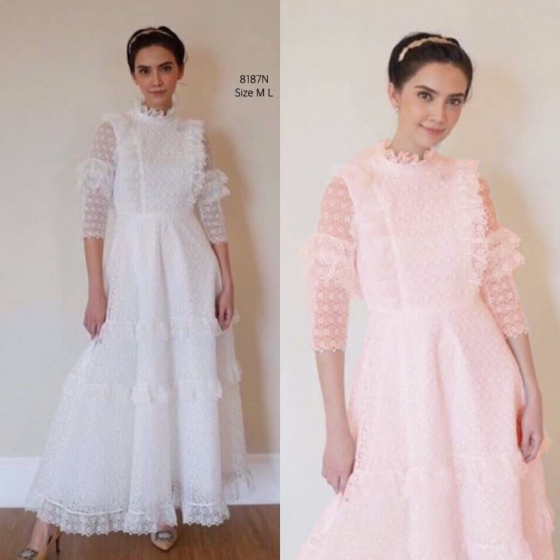kudapy แม็กซี่เดรสลูกไม้สีขาว/สีชมพู แขนยาว แขนระบาย 2 ชั้น กระโปรงทรงทิ้งตัว เย็บซับด้านใน เจ้าหญิงมากค่ะชุดนี้