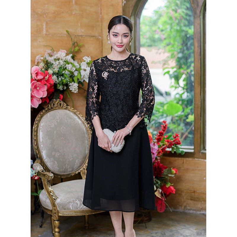 kudapy เดรสสั้นลูกไม้ไปงานสีฟ้าคราม/สีดำ/สีชมพู/สีกะปิ คอกลม แขนสามส่วน เดรสแต่งชีฟอง มีซับใน ทรงสวยมากค่ะ