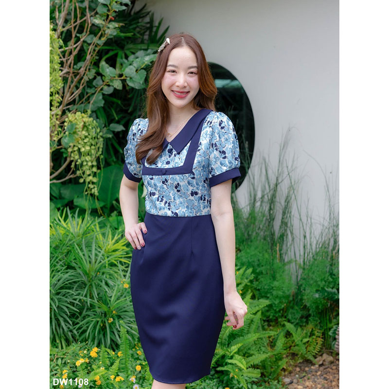 kudapy เดรสสั้นสีชมพู/สีกรม/สีม่วง กระโปรงสีพื้นคอปกเสื้อลายดอกแต่งกระดุม 3 ชิ้น