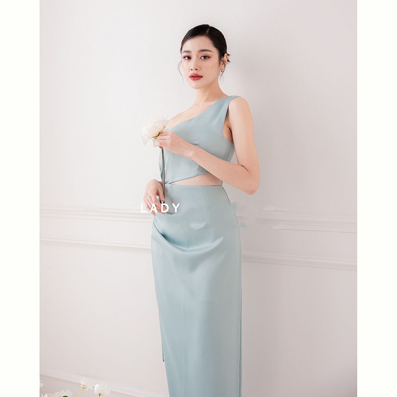 kudapy เดรสยาวน้ำตาลอิฐ / ชมพู / เขียว ดีเทลซีทรูคอดเข้าช่วงเอวบน ด้านข้างแหวกเป็นแบบรูดปรับระดับได้ตามชอบ