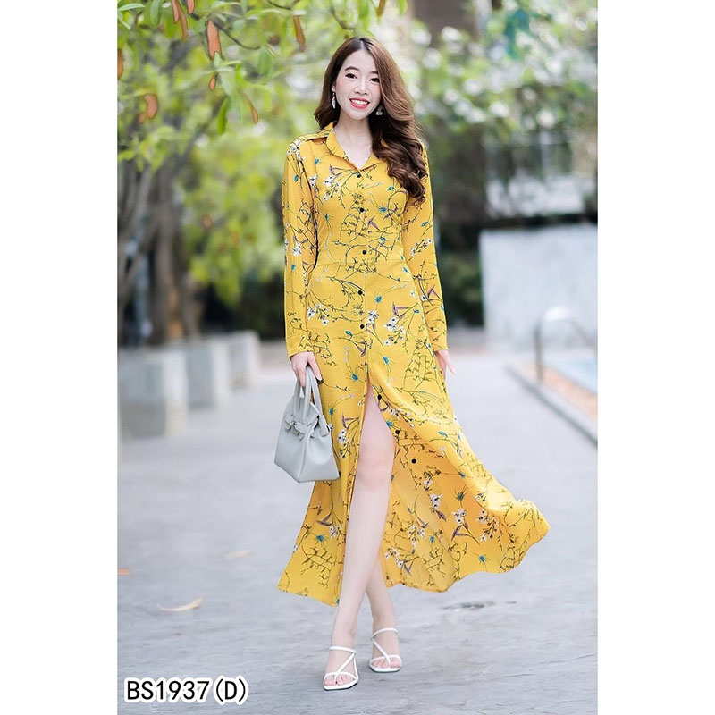 kudapyเดรสยาวสีชมพู/นา้ำตาล/เหลือง/กรม เชิ้ตแขนยาว ลายดอก งานเชิ้ตแต่งคอปกกระดุมช่วงหน้ายาว