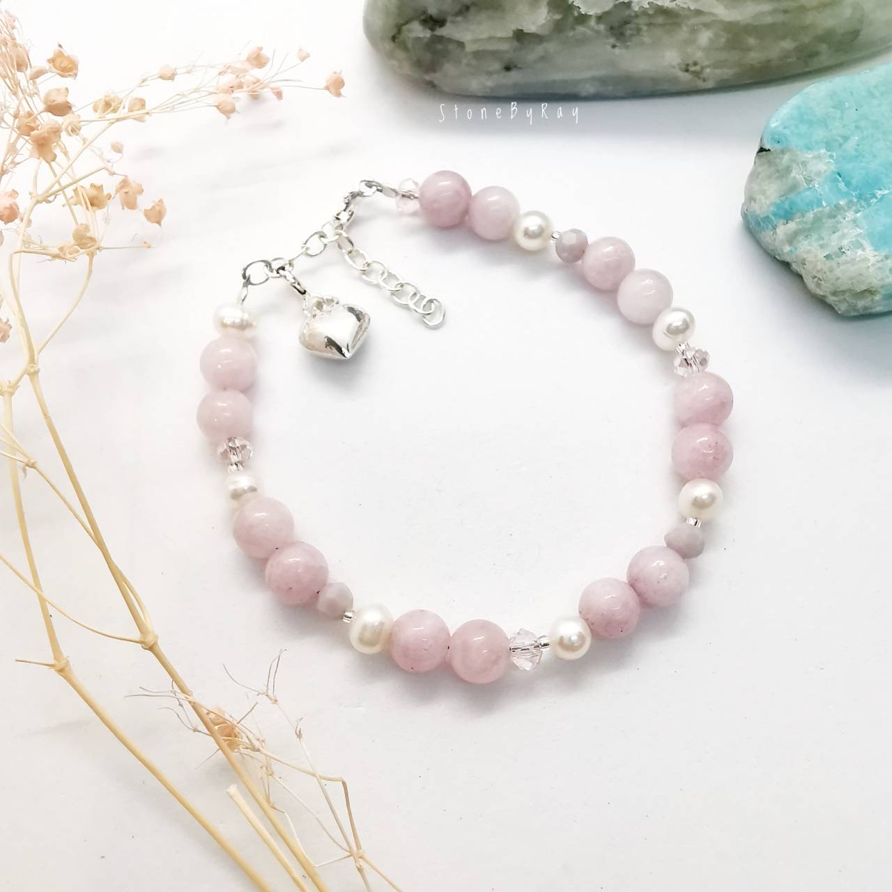 สร้อยข้อมือหินคุนไซต์กับมุกแท้ Kunzite+Pearl