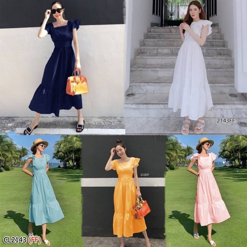 kudapy เดรสยาวสีขาว, กรม, ฟ้า, เหลือง, ชมพู คอเหลี่ยม แขนคลุม ผูกโบว์ด้านหลัง (ผูกเอง) โชว์แผ่นหลังเซ็กซี่