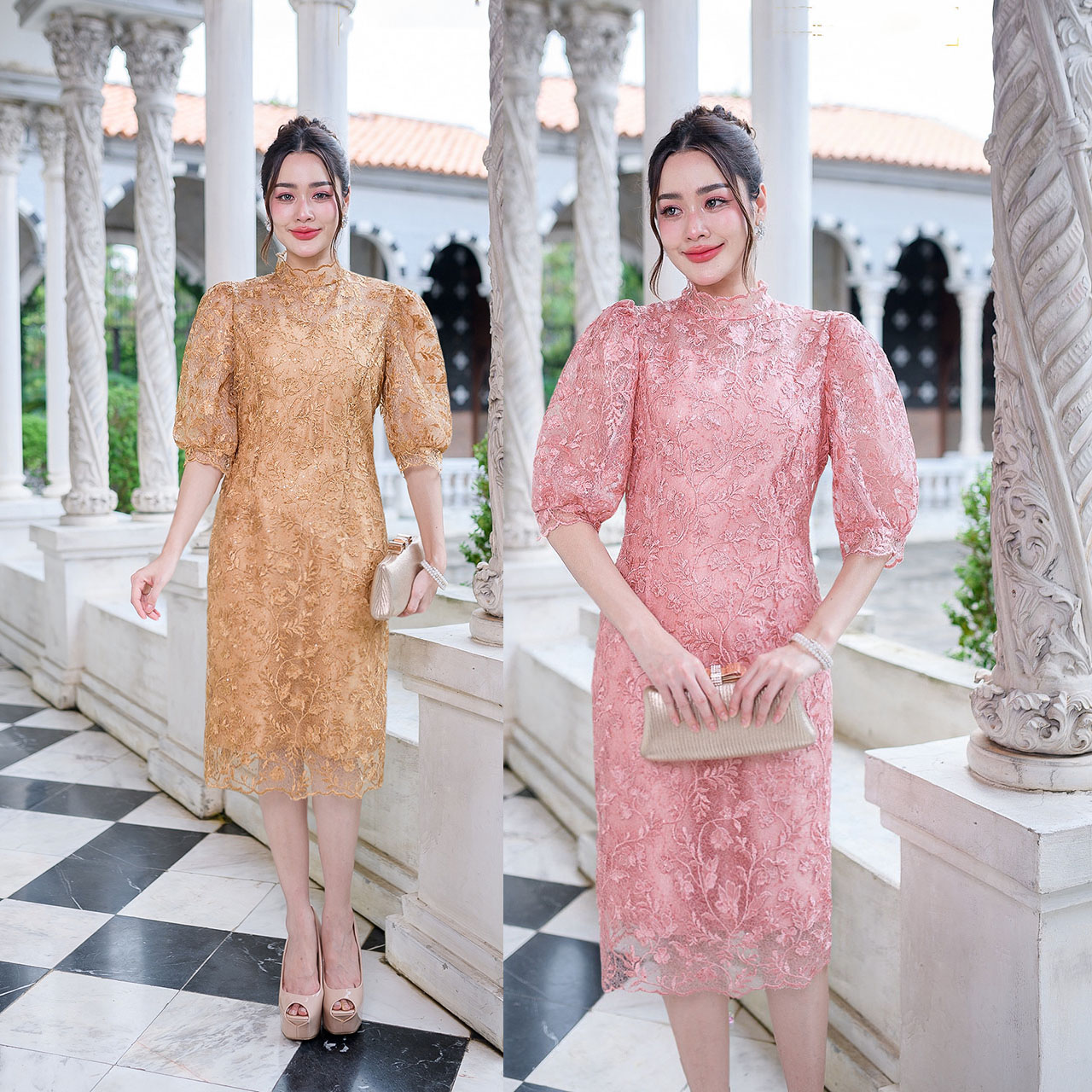 kudapy เดรสสั้นสีเหลืองทอง/สีโอรส ทรงสวยหรูหรา เดรสสไตล์กูตูร์ สวยสง่า ผ้าลูกไม้ใยบวบแต่งเลื่อมทั้งชุด งานผ้าสวยลายดอกชัด