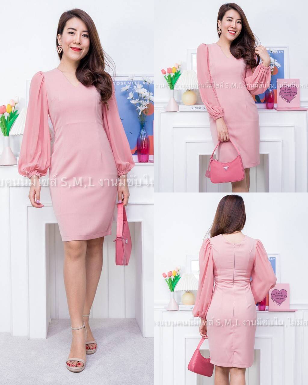 kudapy เดรสสั้นใส่ออกงาน คอวีแขนยาวชีฟอง ผ้าฮานาโกะ สีชมพู, กรมท่า, เขียวมิ้นท์, น้ำตาล ,แดงเลือดหมู