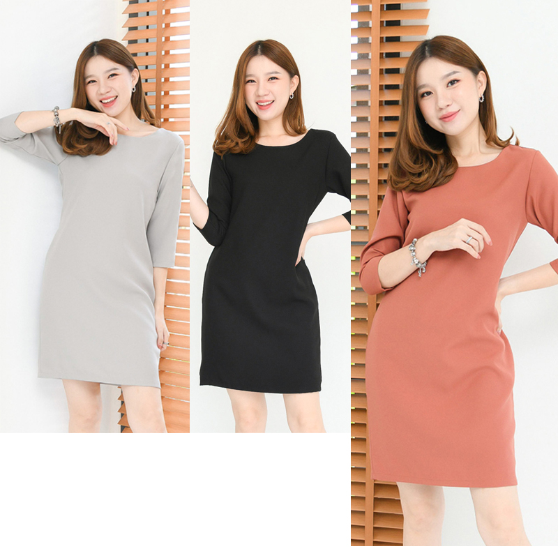 kudapy ชุดเดรสคอกลมทรงเรียบสีส้มอิฐ/สีดำ/สีเทา คลาสสิก ไม่มีเกล็ด รีดง่ายใส่สบาย ซับในทั้งตัว