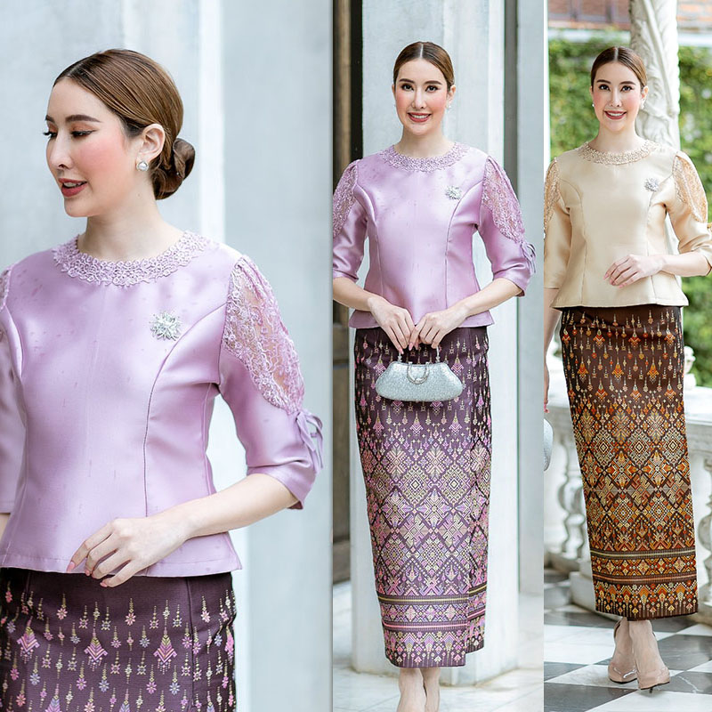 kudapy ชุดเซ็ทเสื้อ+ผ้าถุงสีม่วง/สีน้ำตาลทอง ตัวเสื้อใช้ผ้าเนื้อดี ช่วงแขนตัดแต่งลูกไม้ ตัวเสื้อมาพร้อมซับในเนื้อดีในตัว มีซิปหลัง